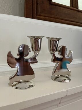 SET OF 2 SILVER PLATED ANGEL CANDLE HOLDERS